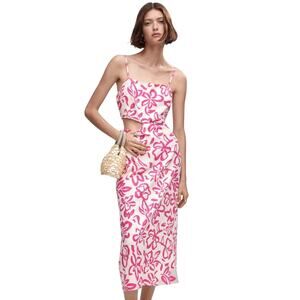 MANGO Floral Cutout Linen-Blend Midi Dress - Pink/White Floral Size 2